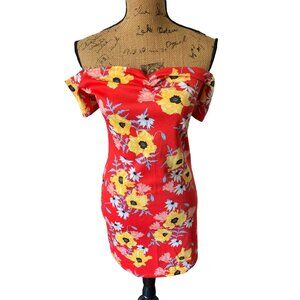 🍒 2/$20 🍒 Red Body Con Dress with Yellow Flowers Off Shoulder sz 12